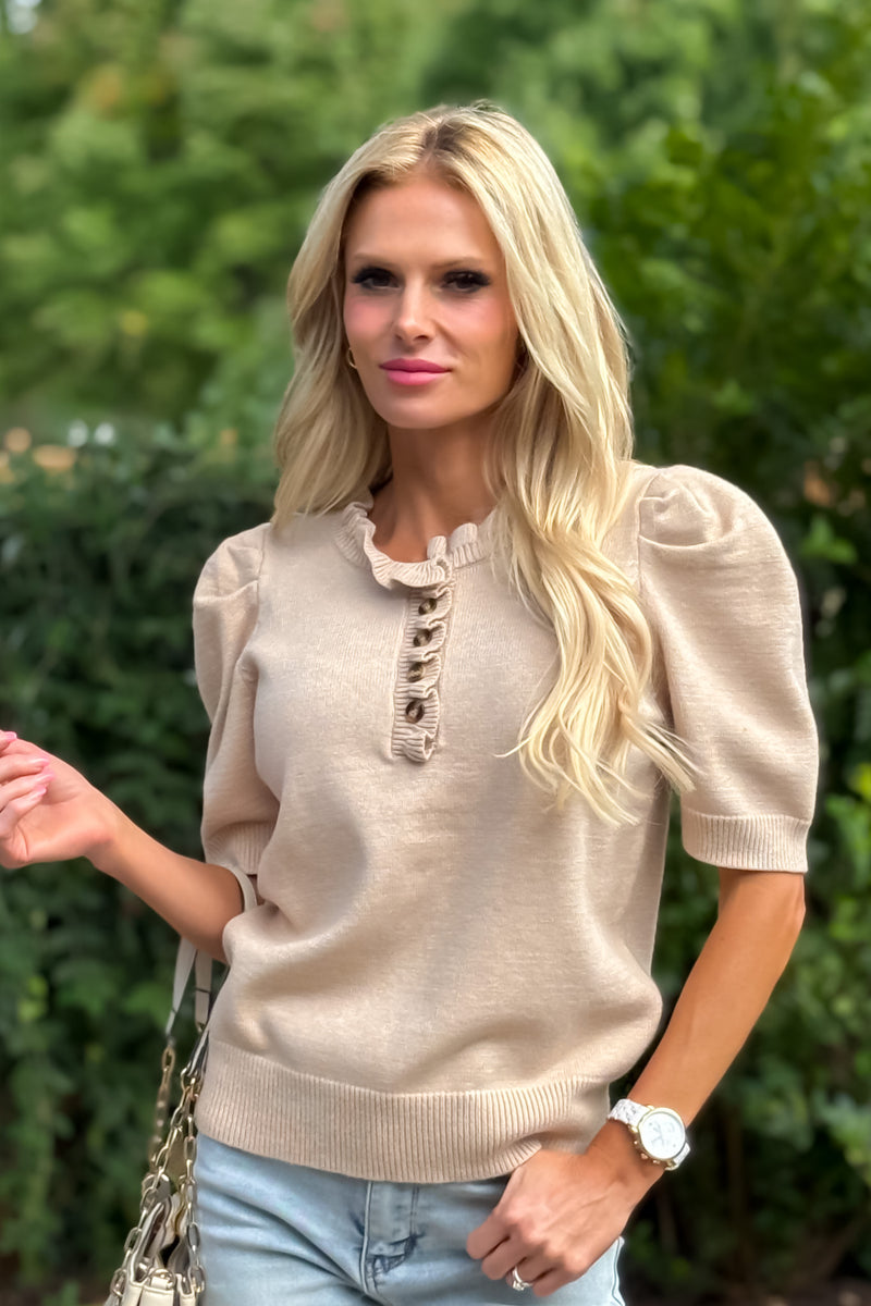 Tanaia Ruffled Neck Top : Taupe
