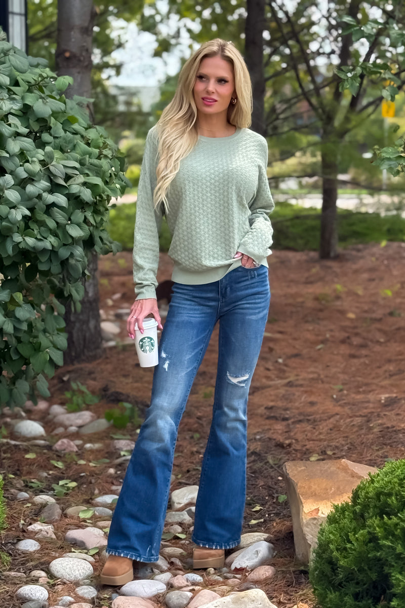 Yasmina Fine Gauge Pointelle Sweater : Soft Sage
