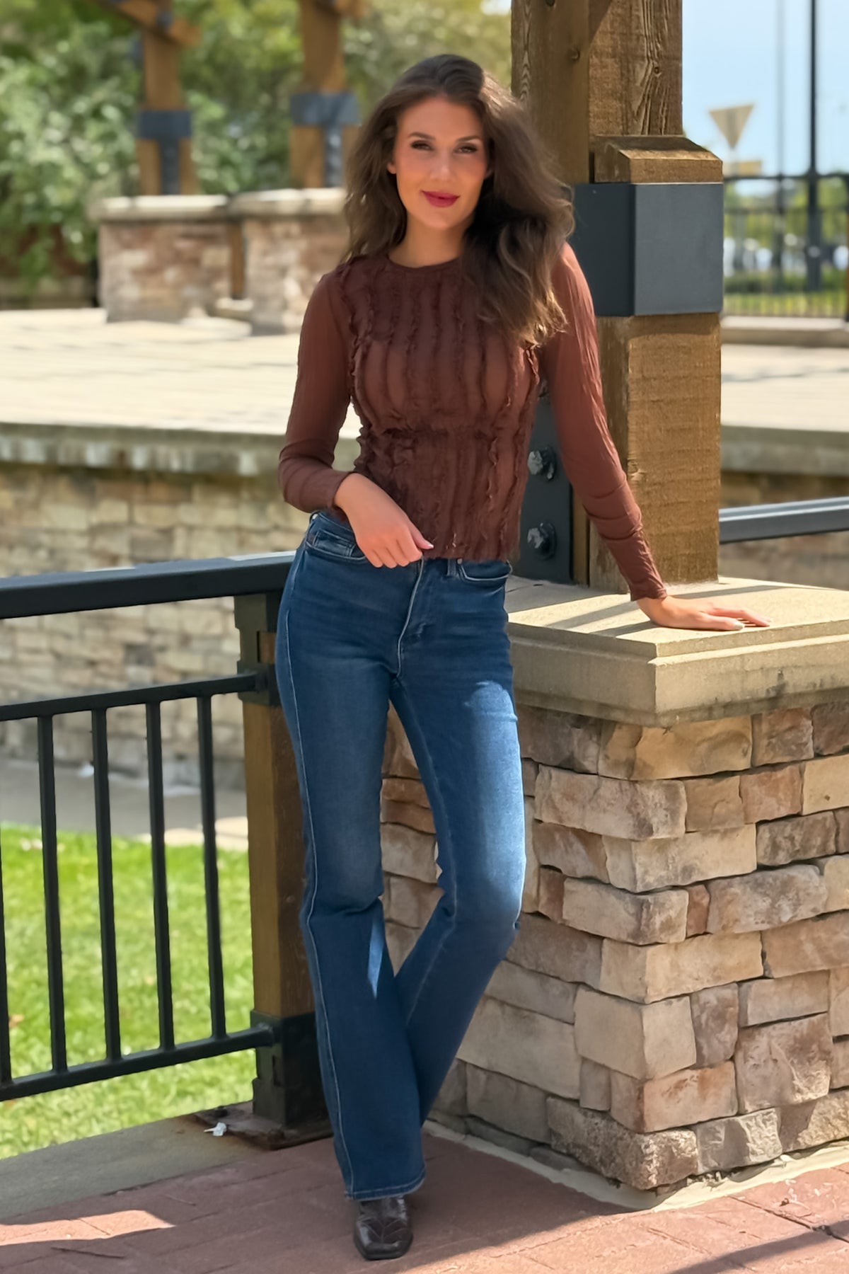 Eloise Crinkled Silky Sheer Top : Brown