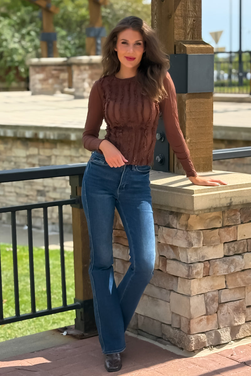 Eloise Crinkled Silky Sheer Top : Brown
