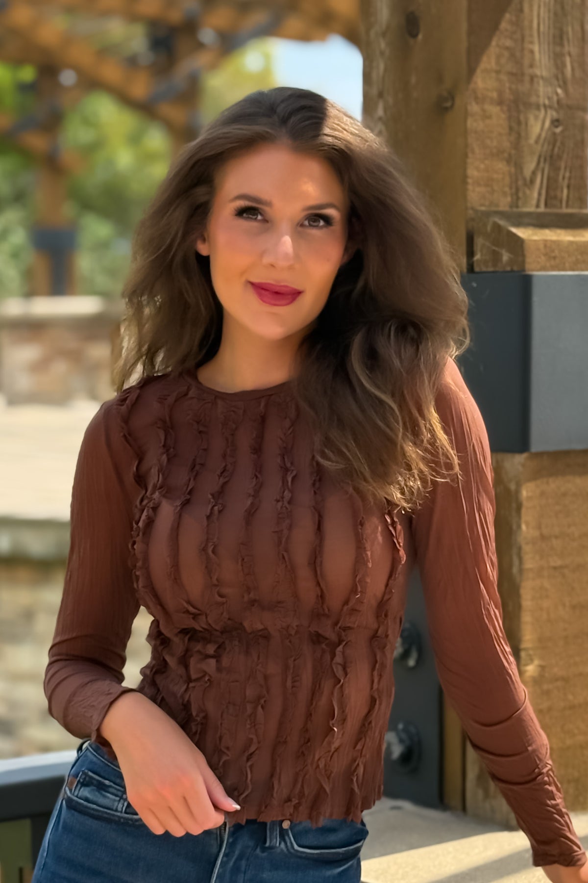 Eloise Crinkled Silky Sheer Top : Brown