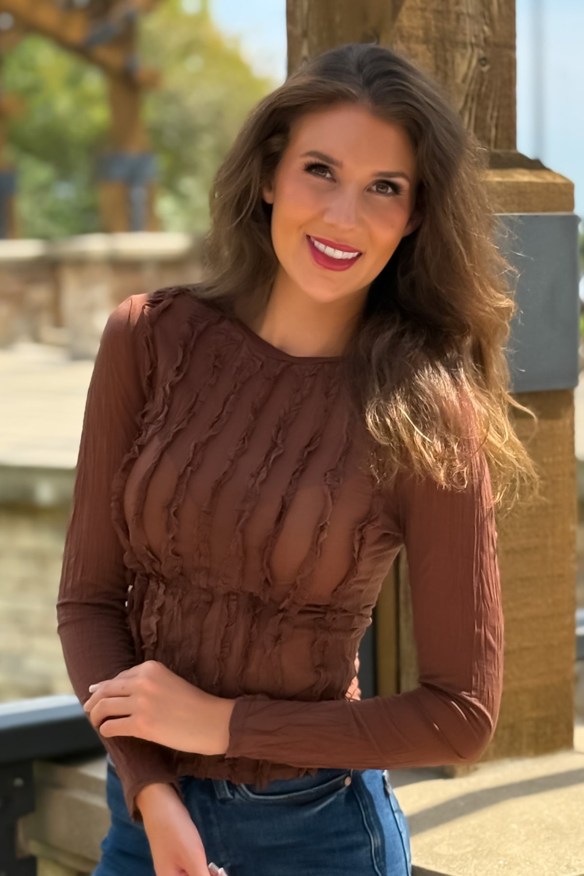 Eloise Crinkled Silky Sheer Top : Brown