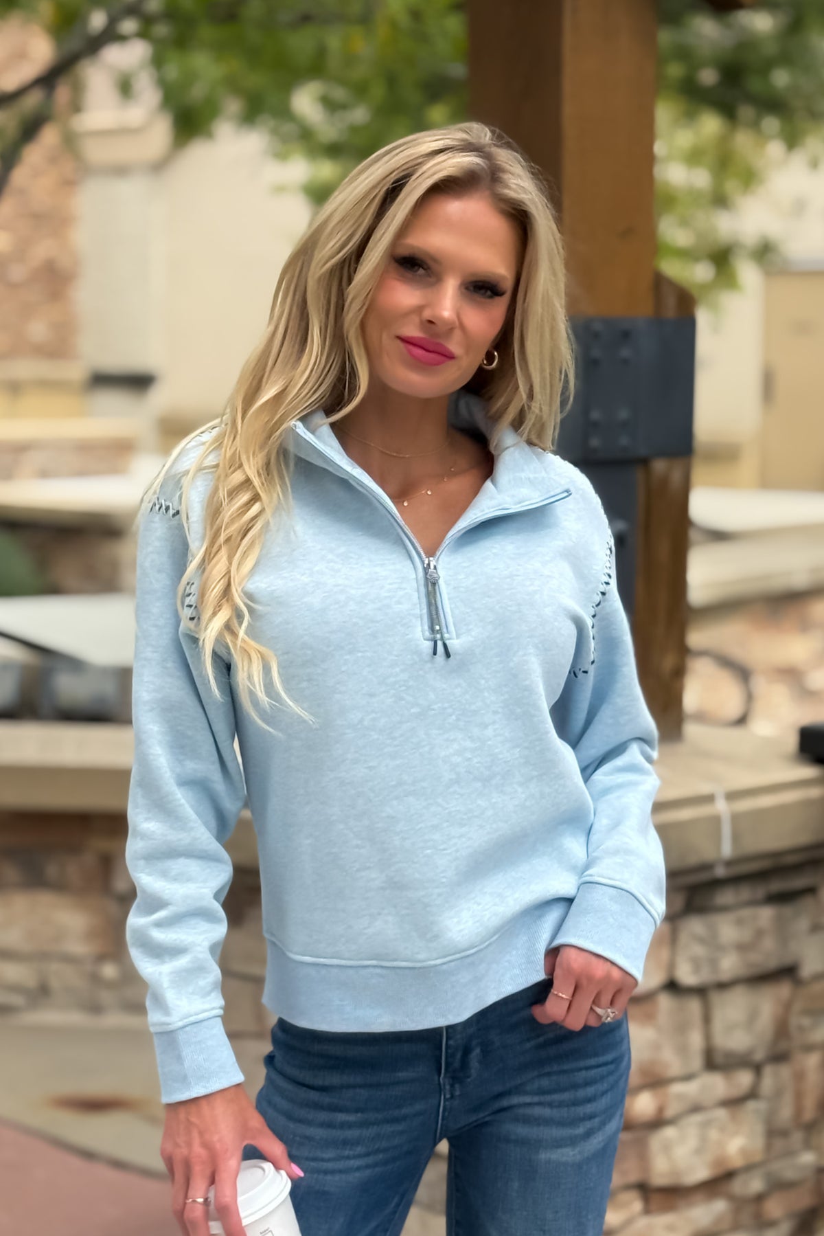 Tribal Palmer 1/4 Zip w/ Stitching : Chambray