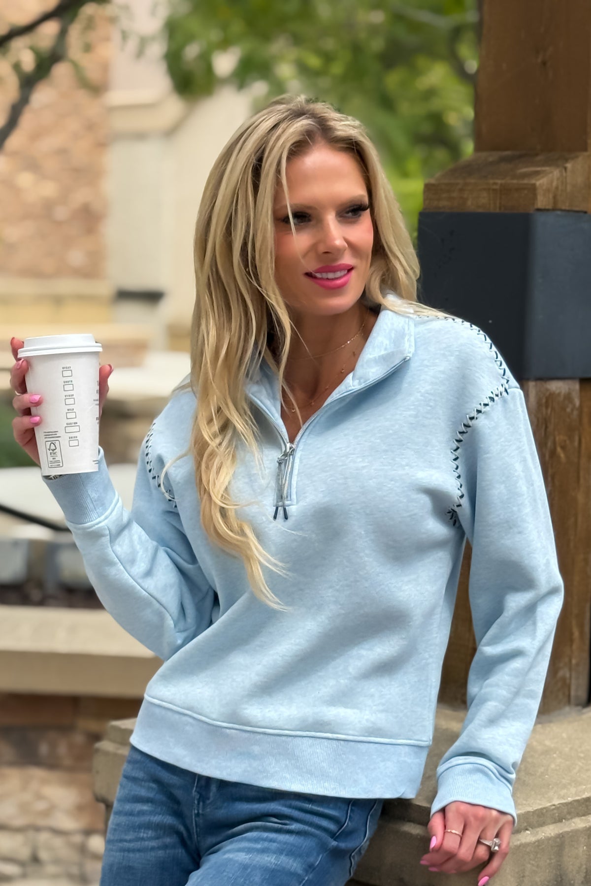 Tribal Palmer 1/4 Zip w/ Stitching : Chambray