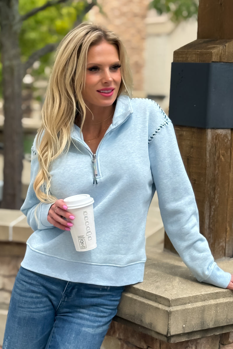 Tribal Palmer 1/4 Zip w/ Stitching : Chambray