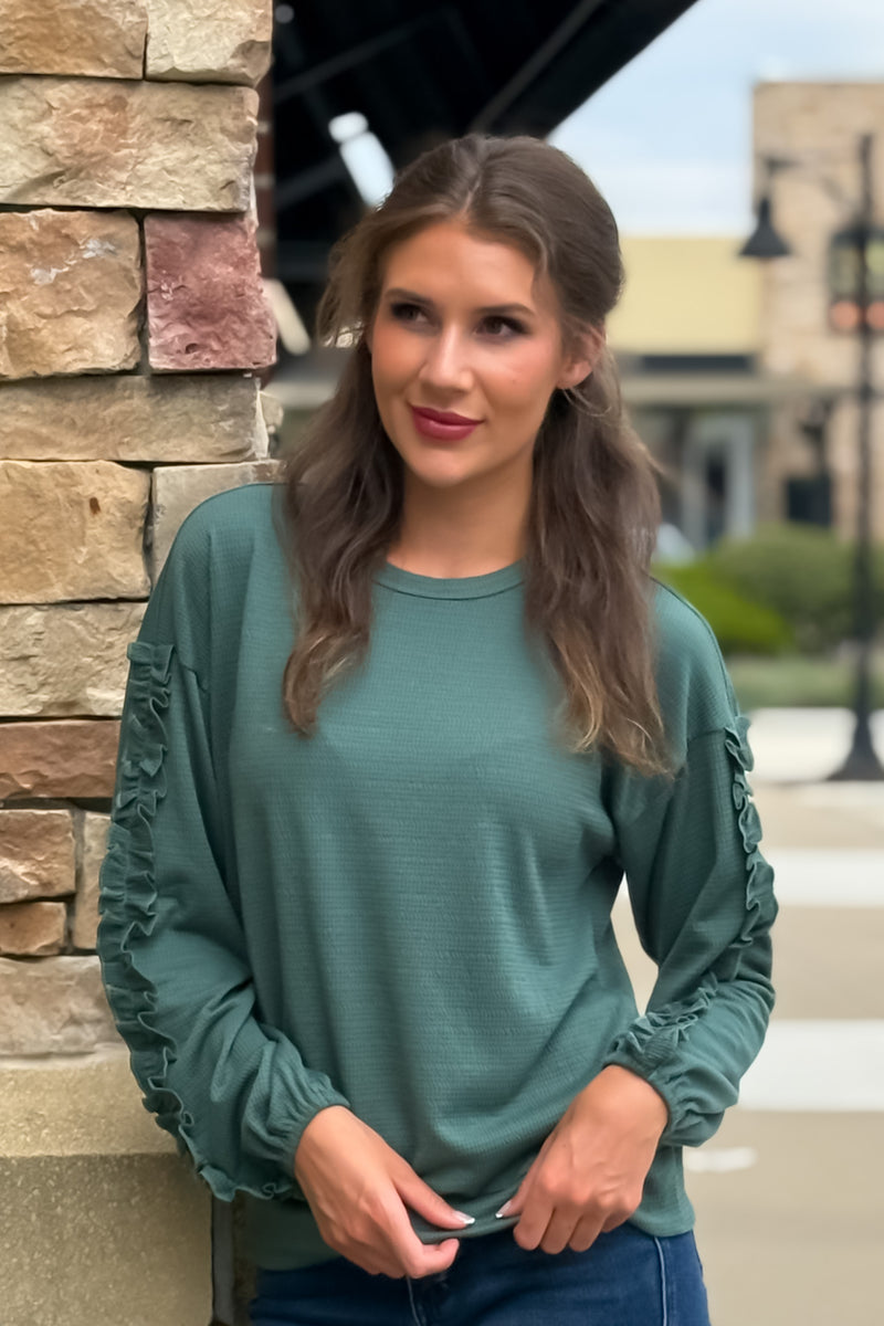 Zelle Textured Knit Ruffled Sleeve Top : H. Green