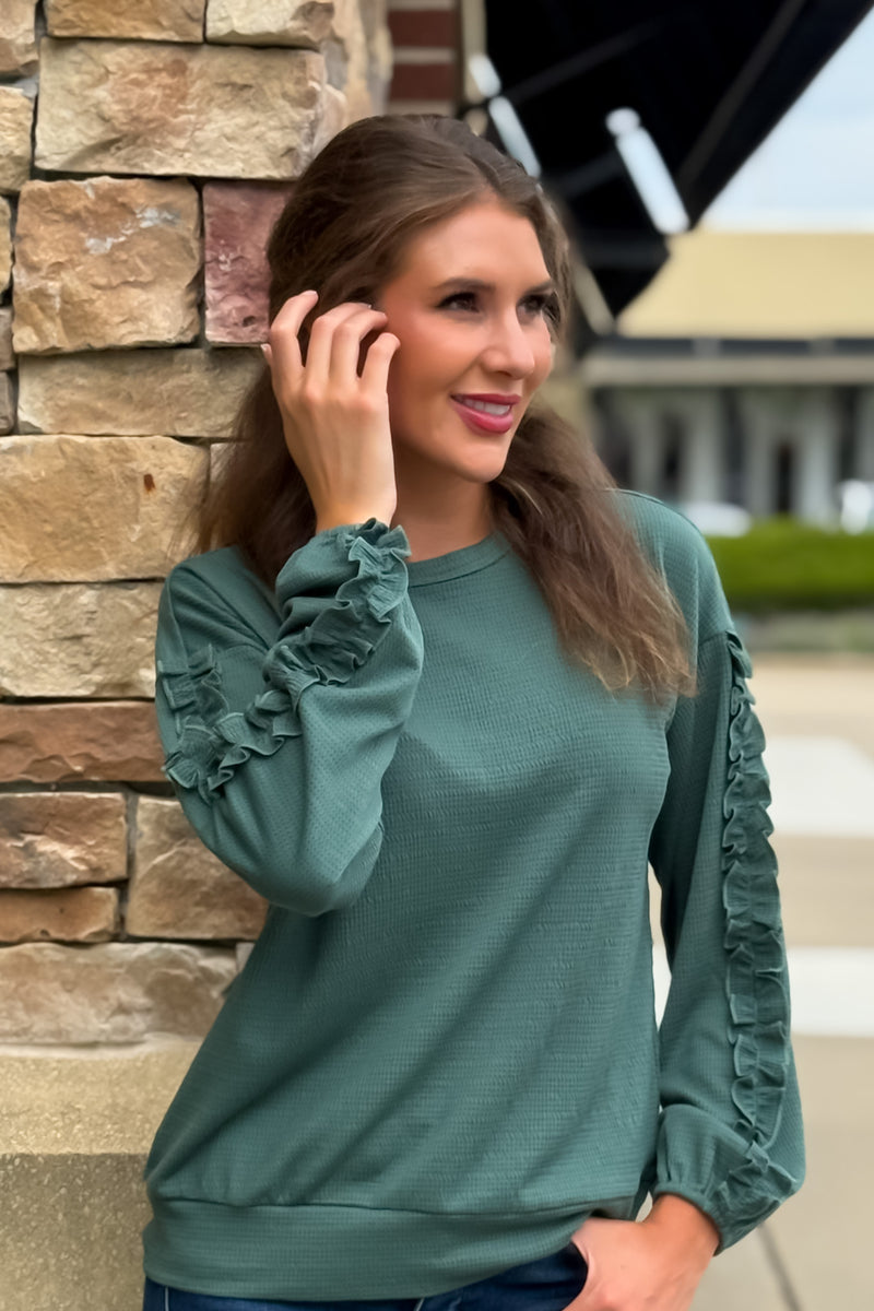Zelle Textured Knit Ruffled Sleeve Top : H. Green