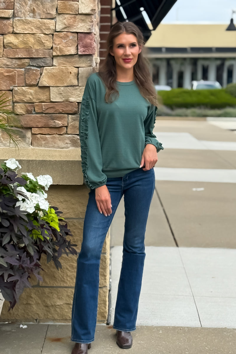 Zelle Textured Knit Ruffled Sleeve Top : H. Green