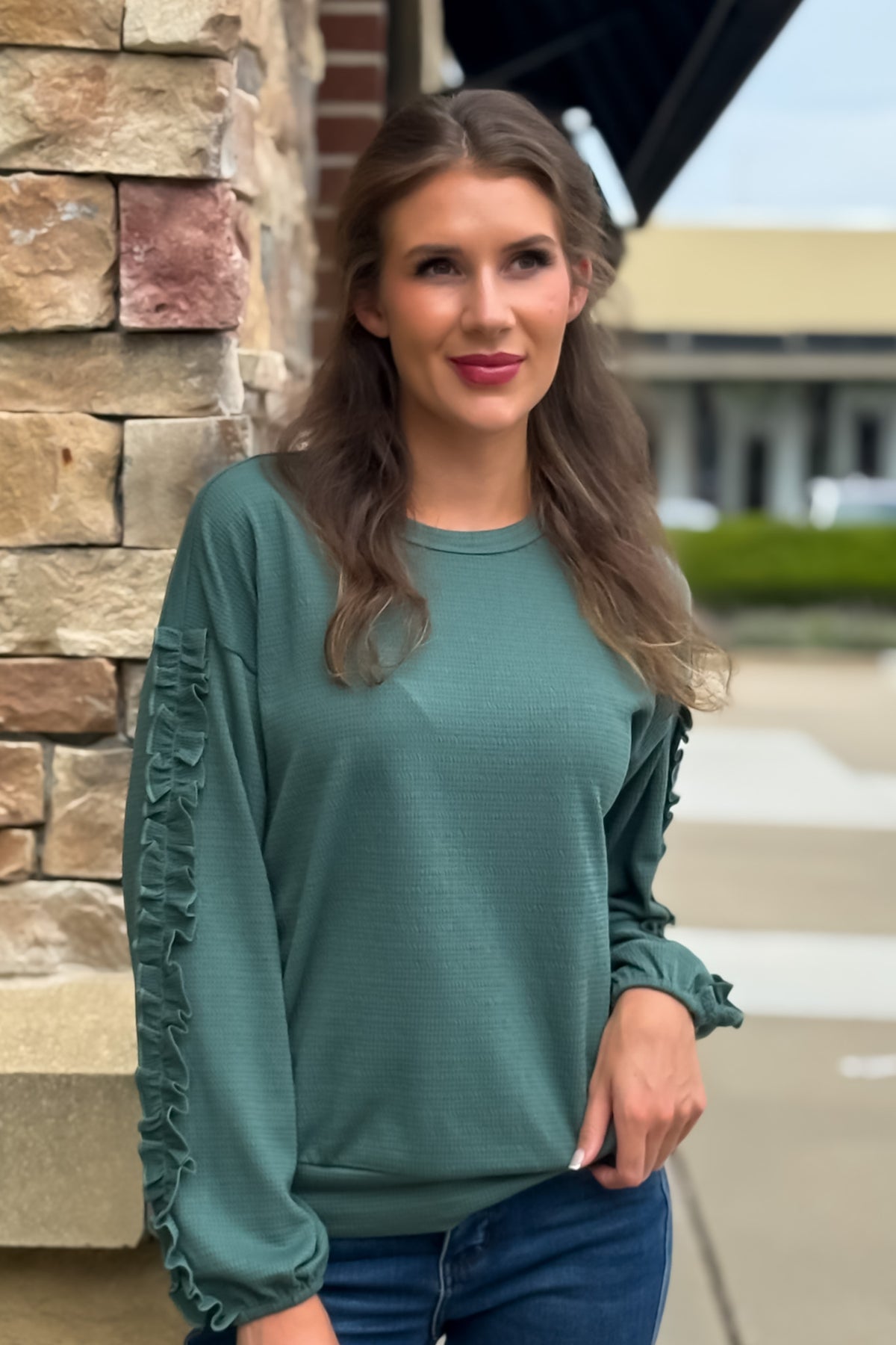 Zelle Textured Knit Ruffled Sleeve Top : H. Green