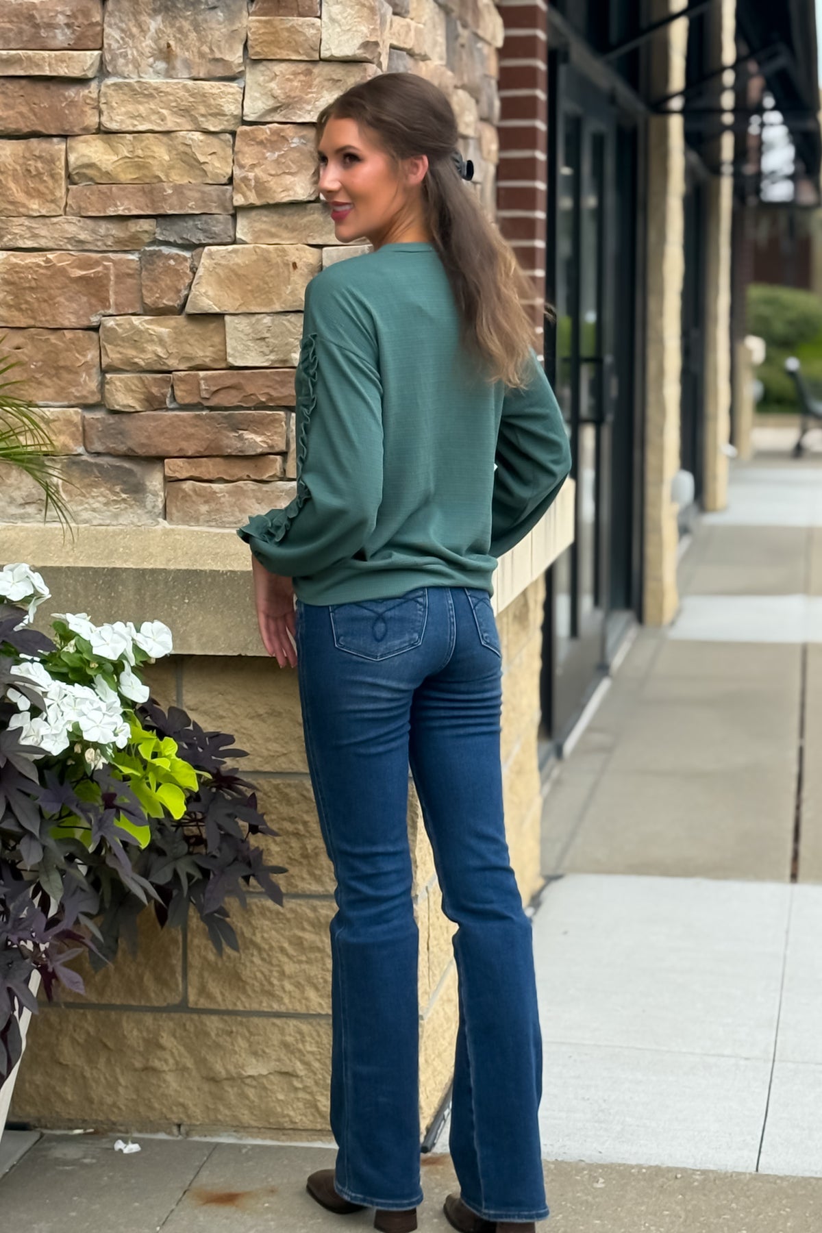 Zelle Textured Knit Ruffled Sleeve Top : H. Green