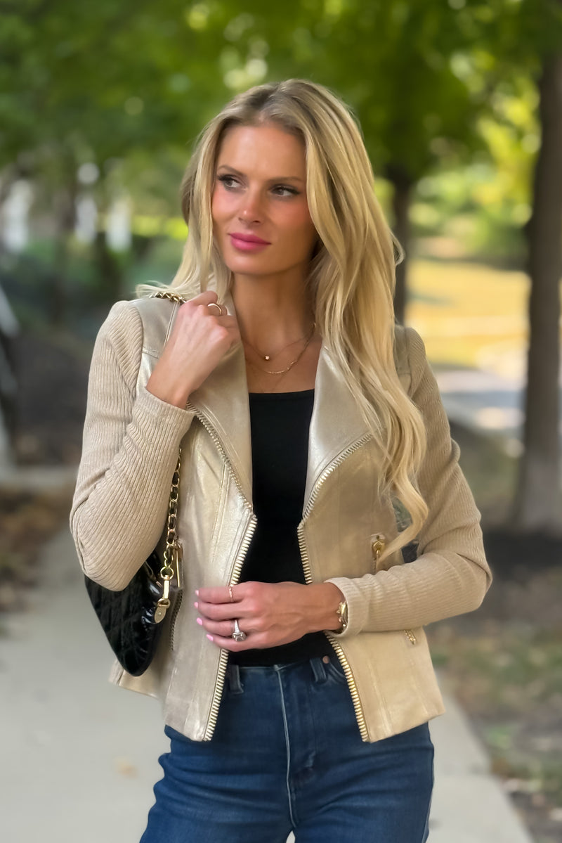 Charlie B Elidi Foil Leather/ Rib Knit Combo Jacket : Brass