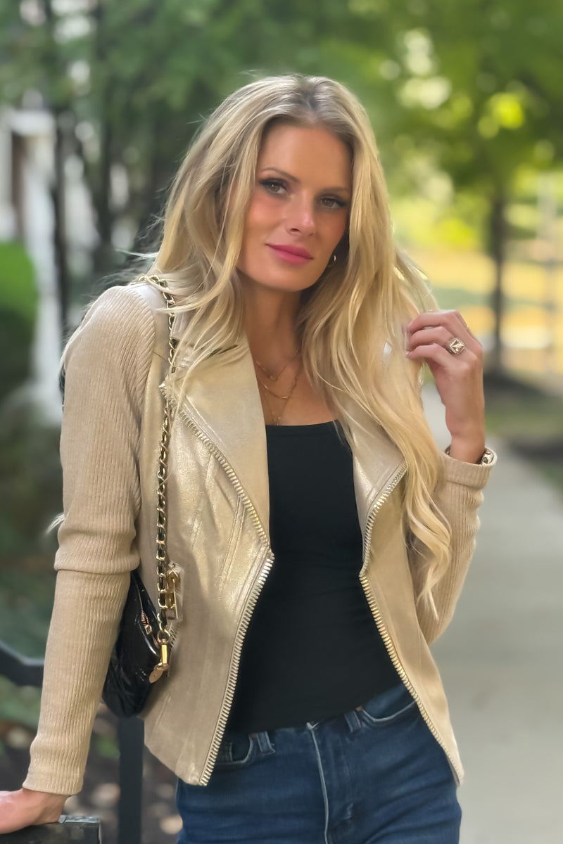Charlie B Elidi Foil Leather/ Rib Knit Combo Jacket : Brass