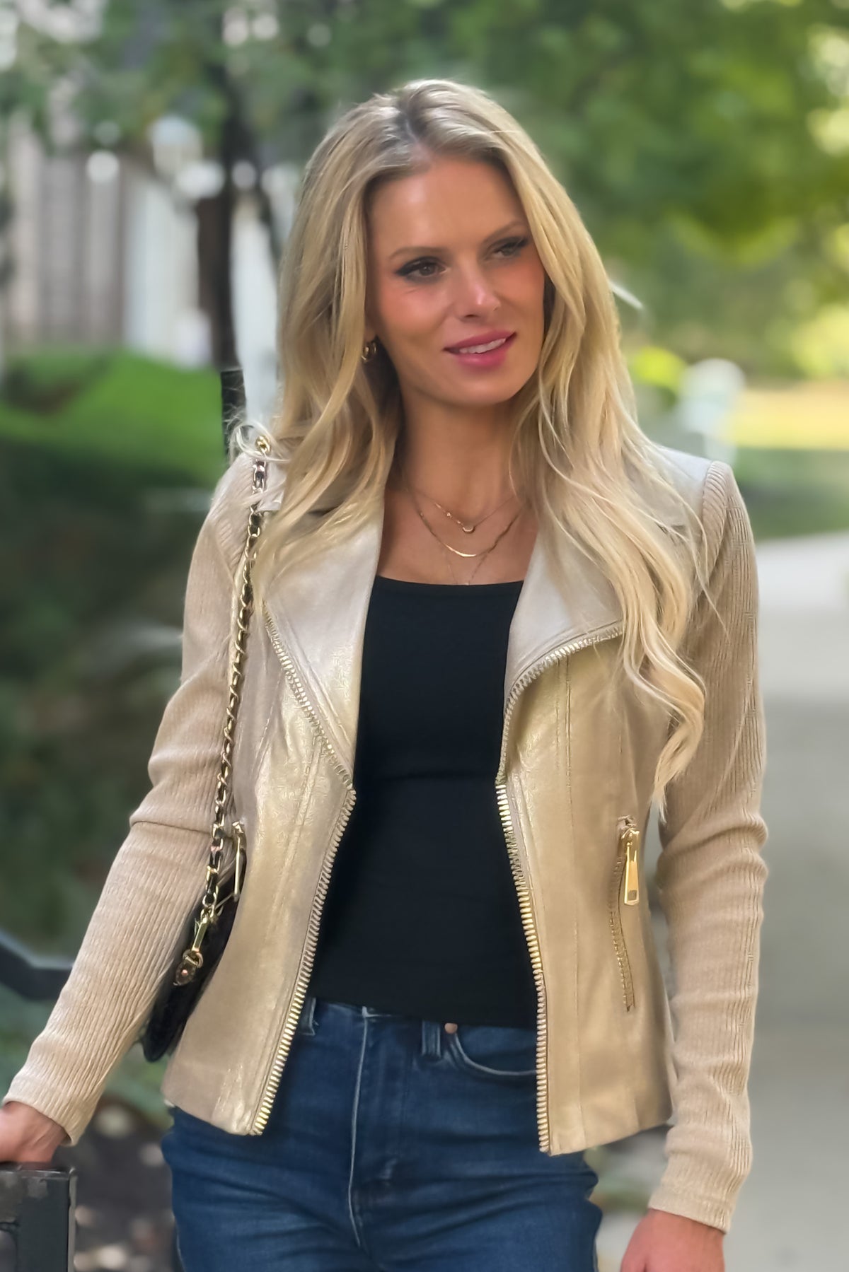 Charlie B Elidi Foil Leather/ Rib Knit Combo Jacket : Brass