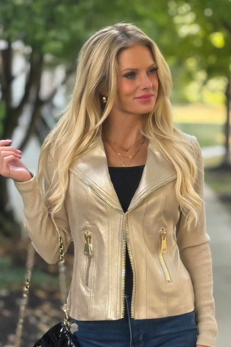 Charlie B Elidi Foil Leather/ Rib Knit Combo Jacket : Brass