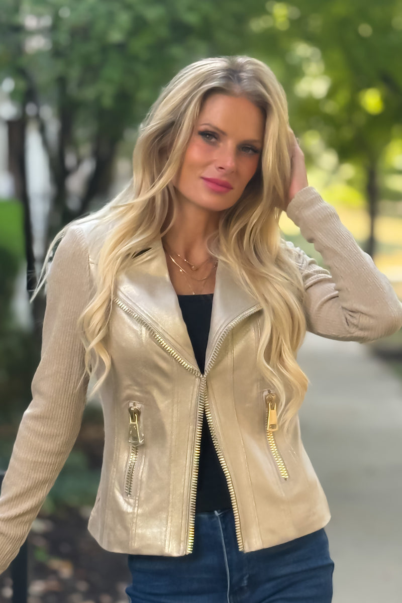 Charlie B Elidi Foil Leather/ Rib Knit Combo Jacket : Brass