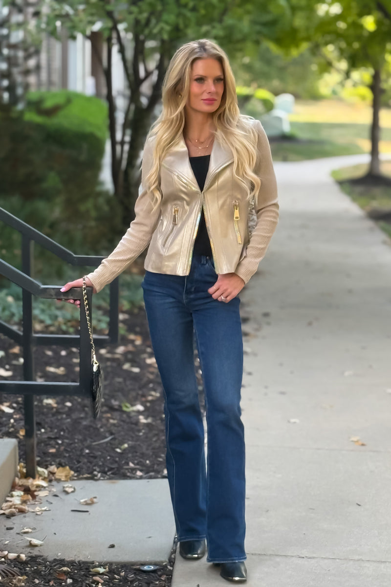 Charlie B Elidi Foil Leather/ Rib Knit Combo Jacket : Brass