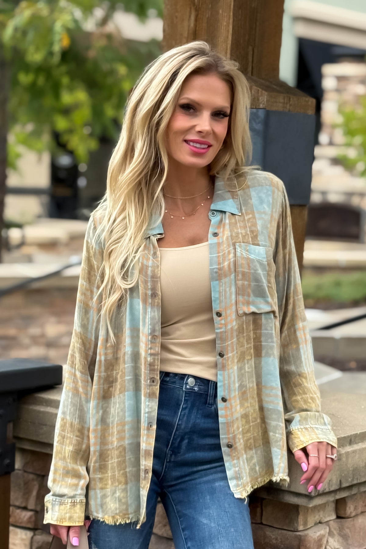 Sienna Washed Plaid Buttondown Shirt : Seafoam