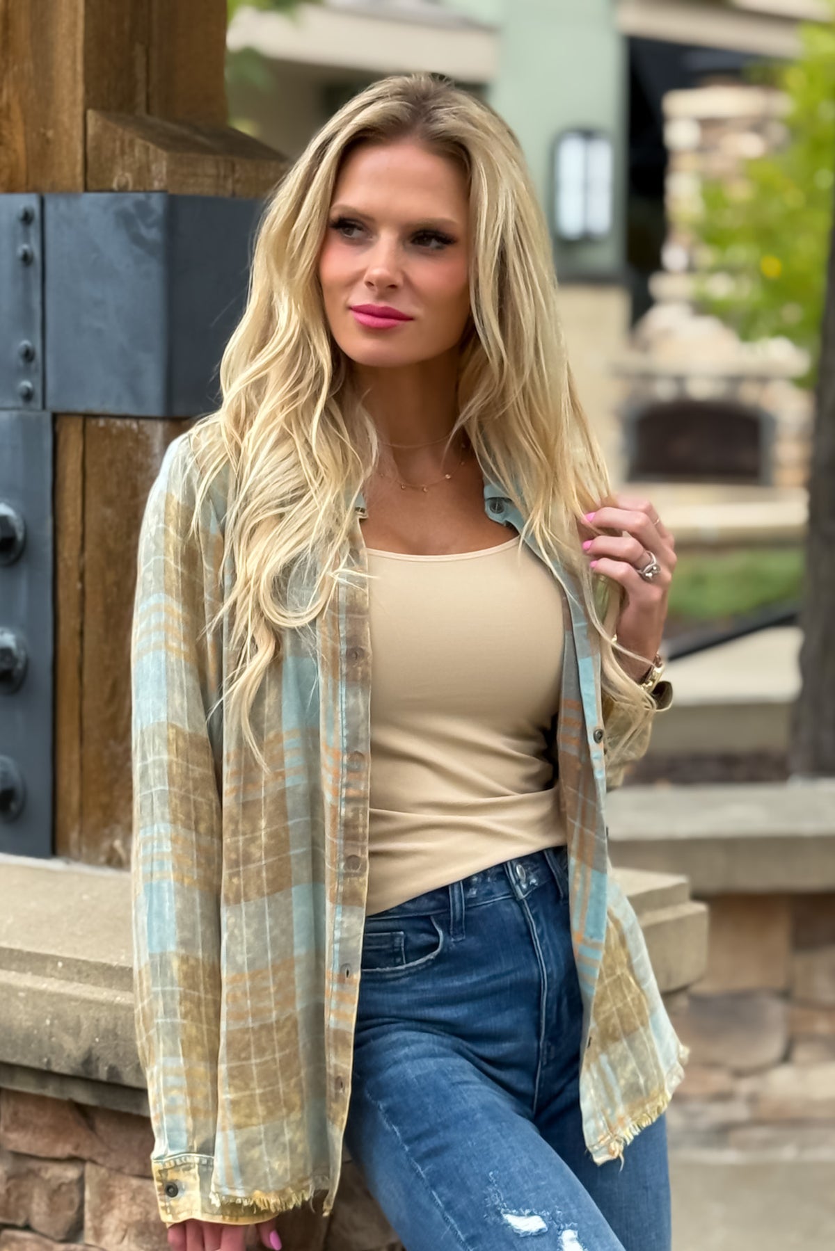 Sienna Washed Plaid Buttondown Shirt : Seafoam