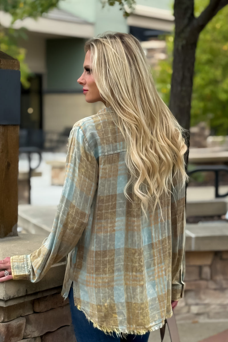 Sienna Washed Plaid Buttondown Shirt : Seafoam