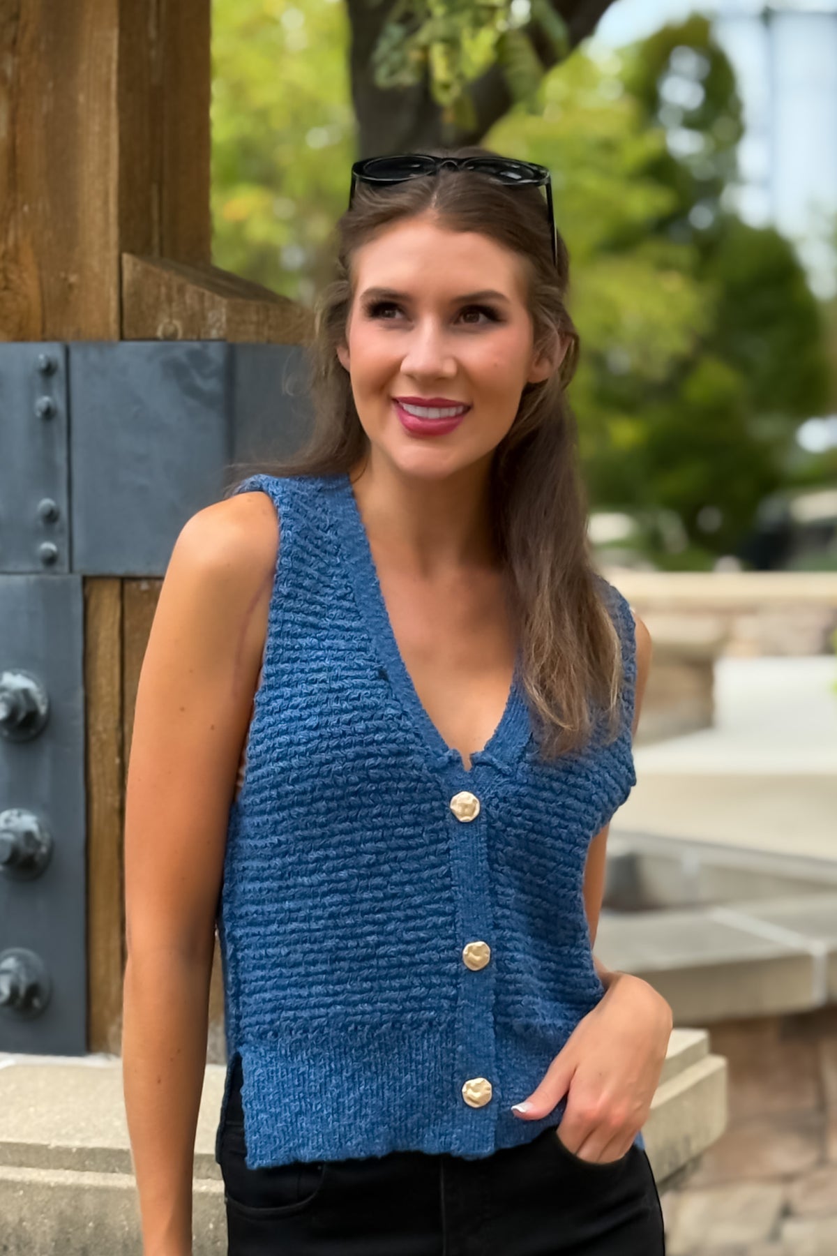 Miller Button Up Knit Vest : Denim Blue