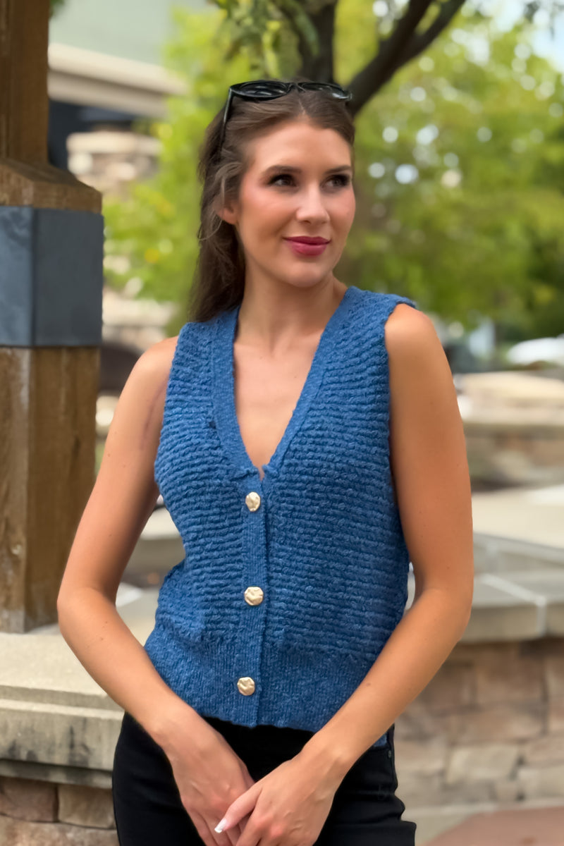 Miller Button Up Knit Vest : Denim Blue