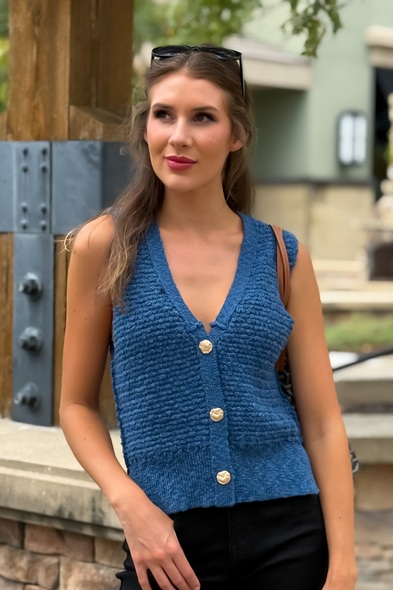 Miller Button Up Knit Vest : Denim Blue