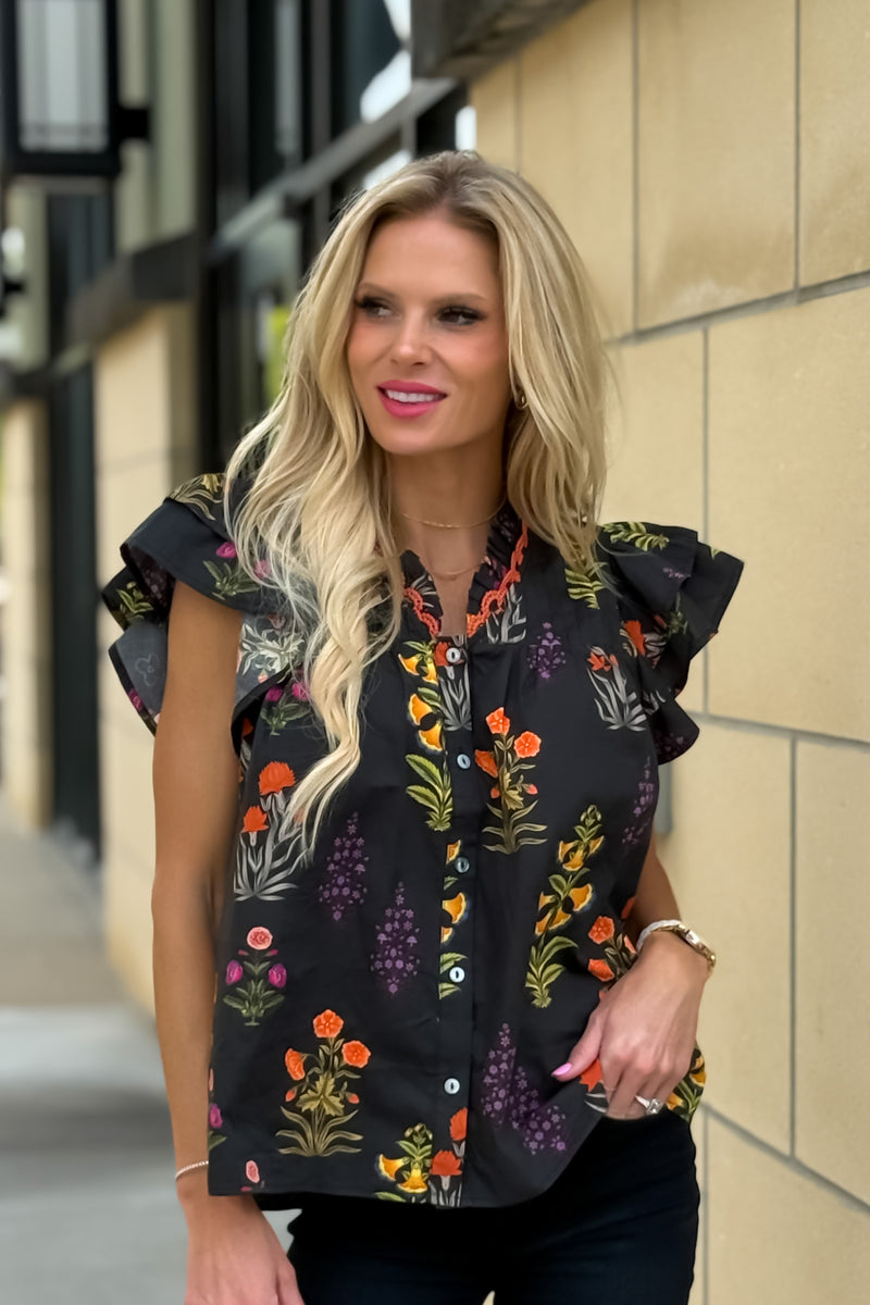 Sienna Floral Print Ruffled Sleeve Blouse : Black