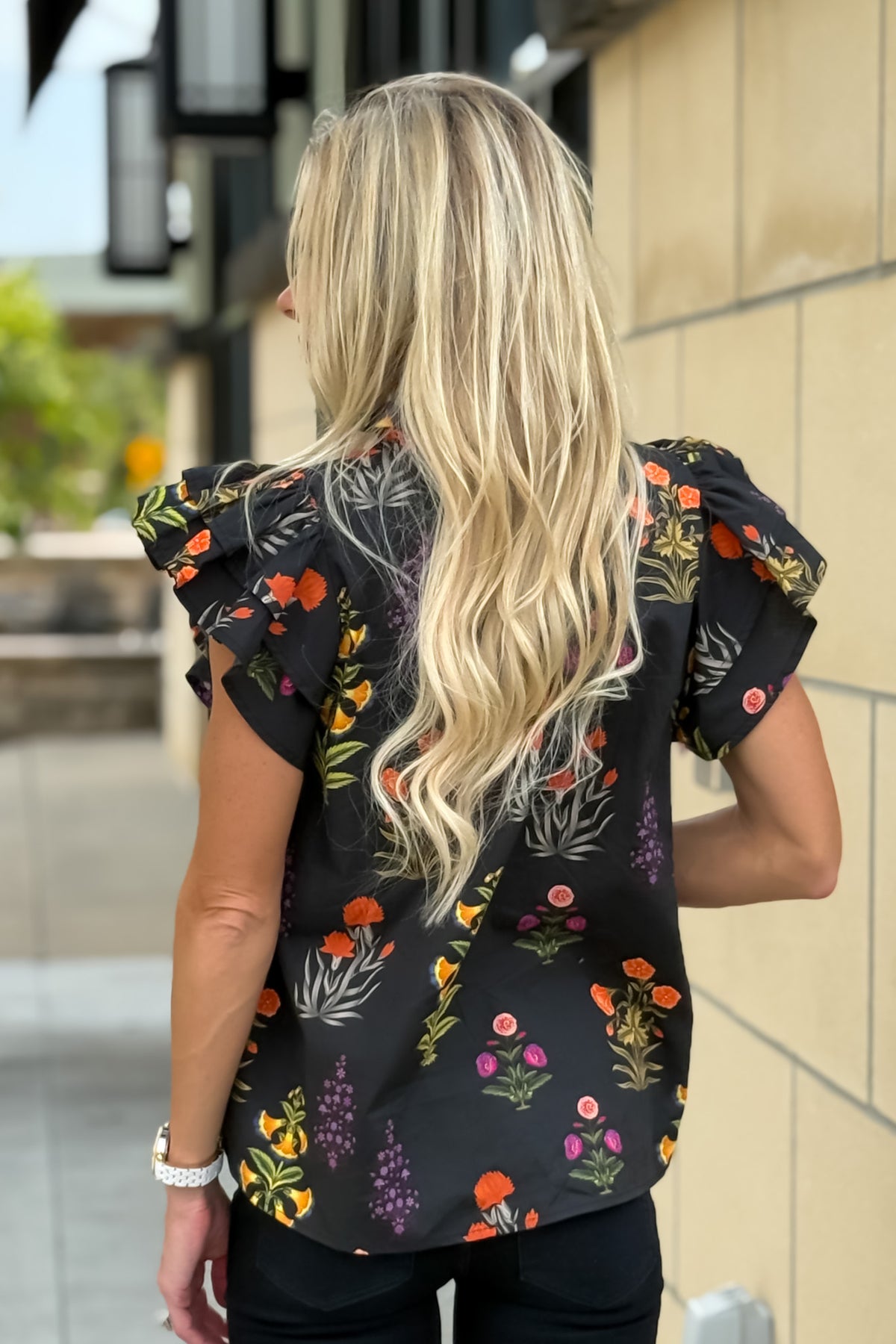 Sienna Floral Print Ruffled Sleeve Blouse : Black