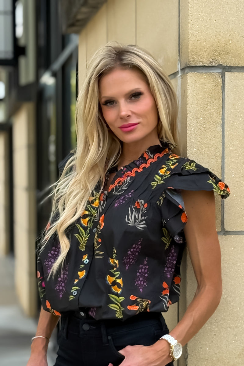 Sienna Floral Print Ruffled Sleeve Blouse : Black