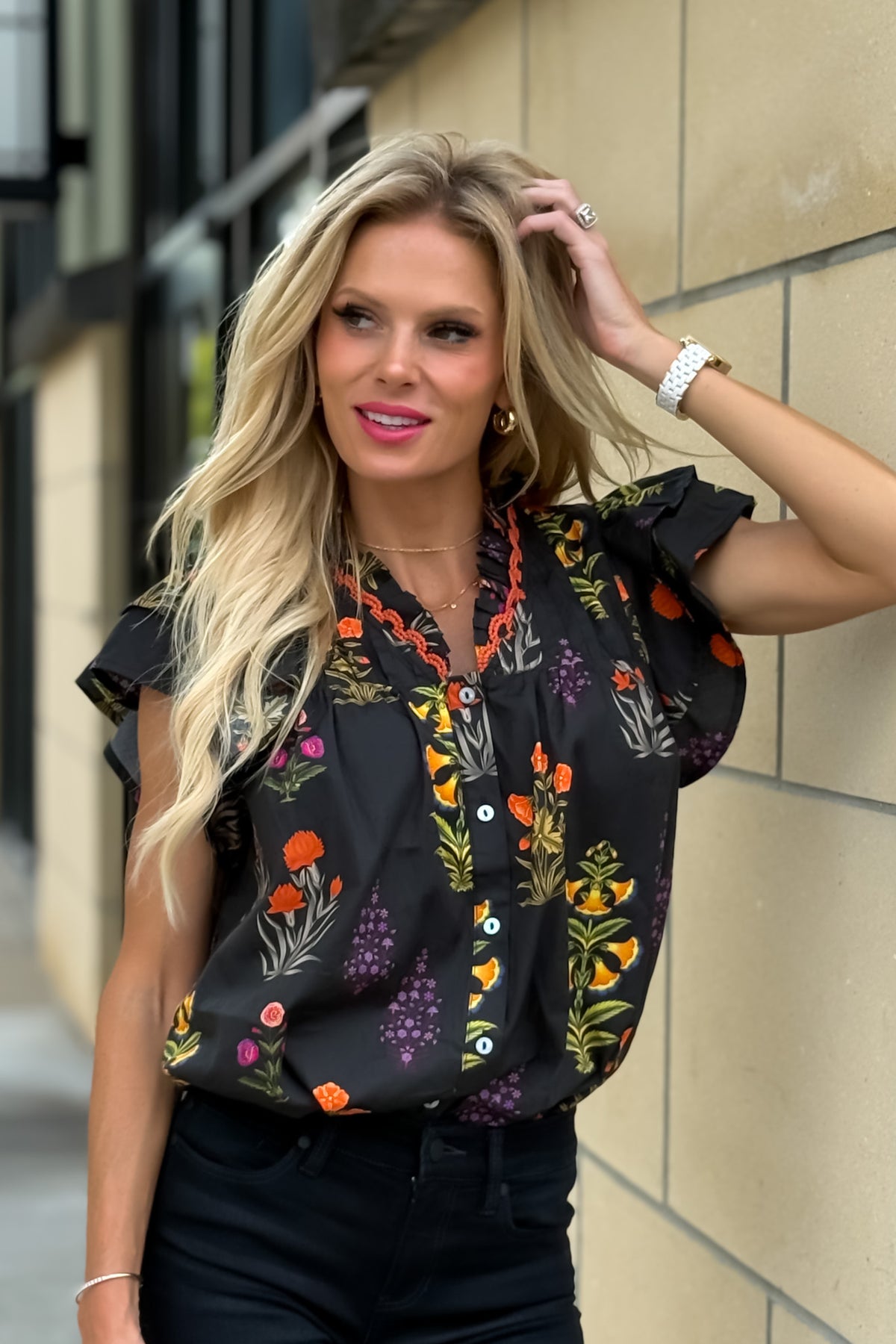 Sienna Floral Print Ruffled Sleeve Blouse : Black