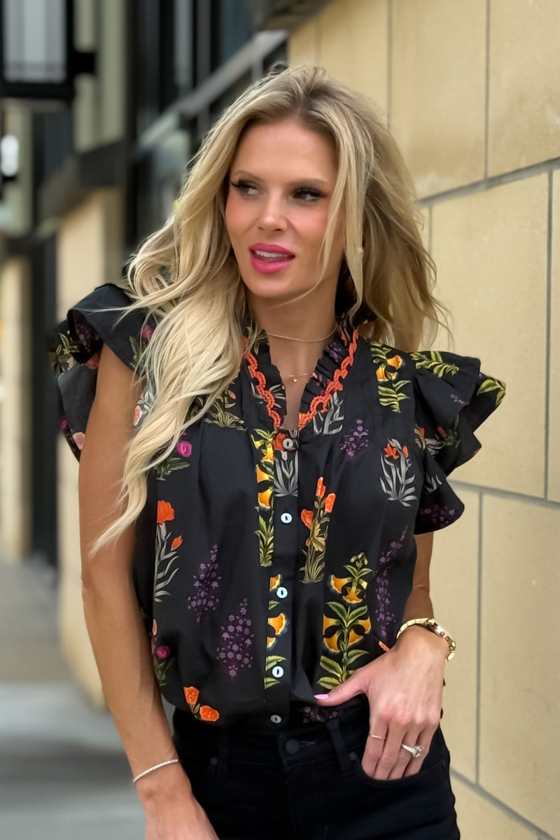 Sienna Floral Print Ruffled Sleeve Blouse : Black