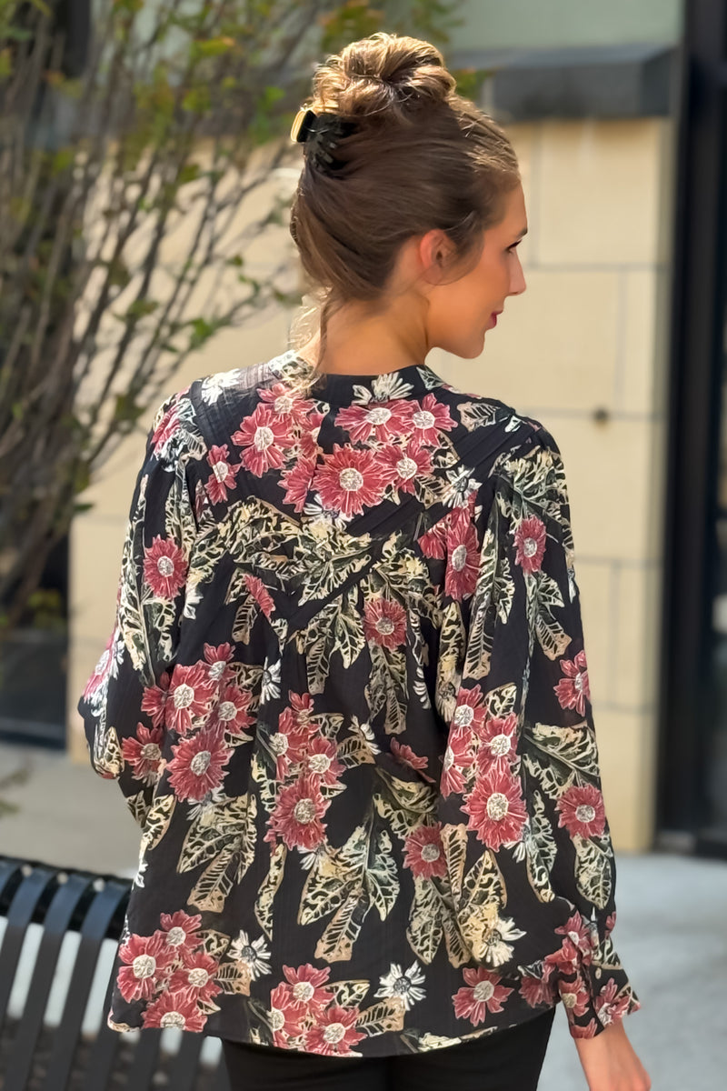 Saige Floral Print Button Down Top : Black