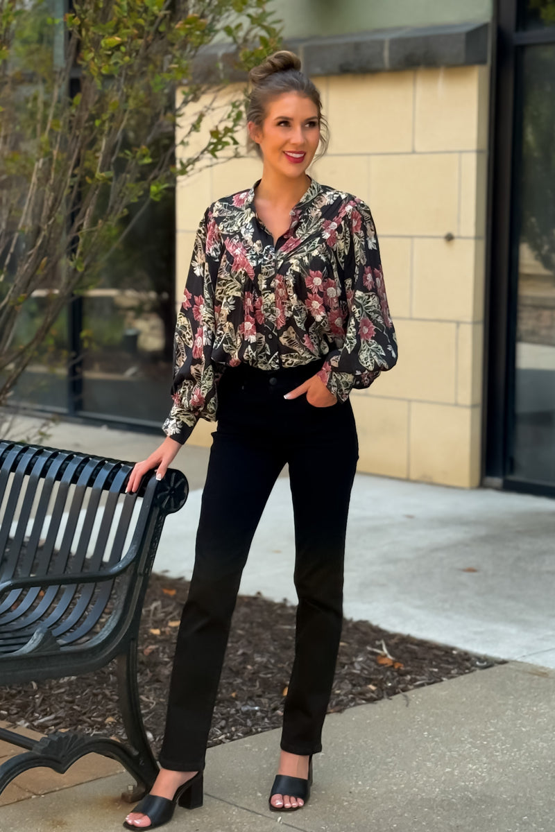 Saige Floral Print Button Down Top : Black