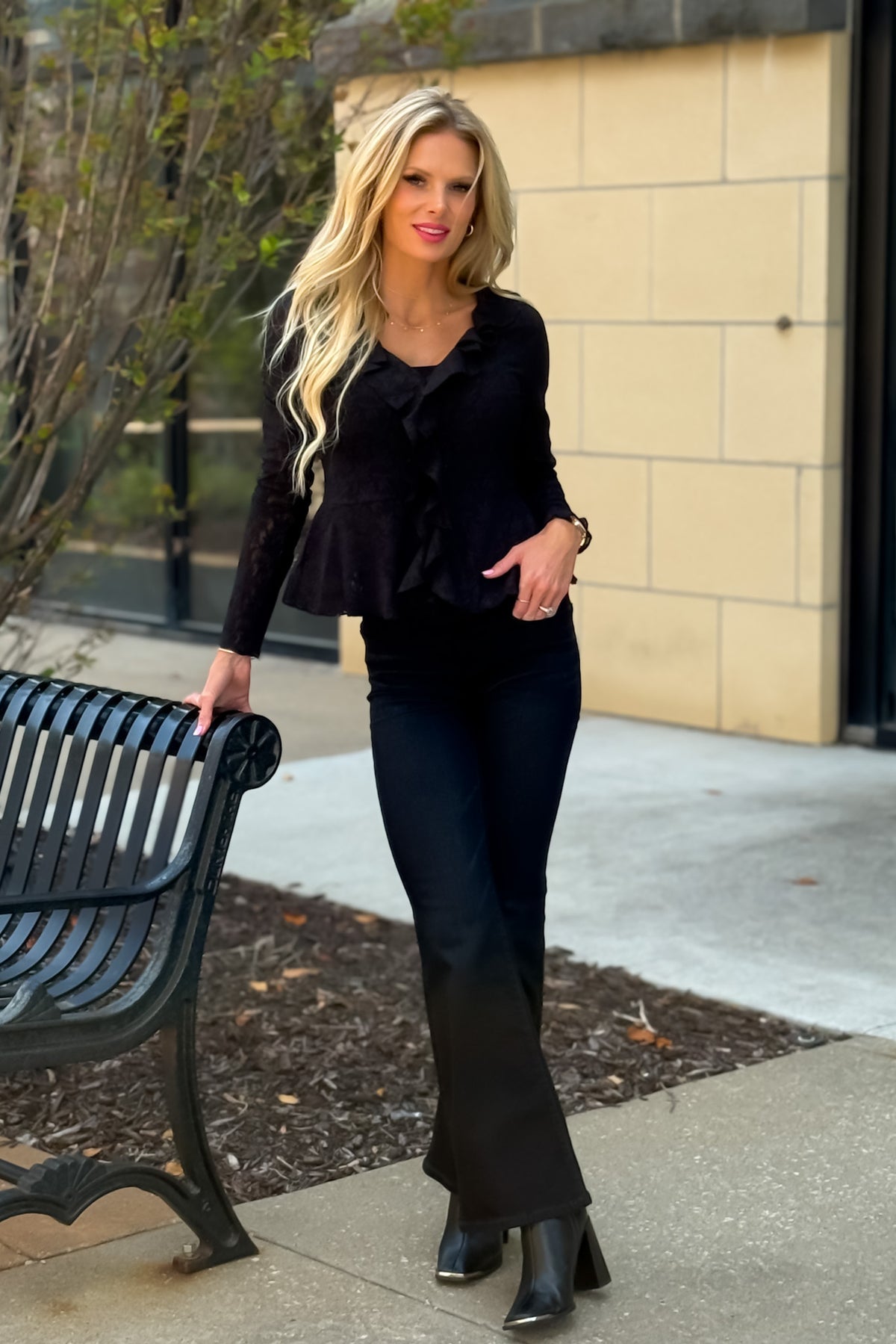 Phyllis Knit Lace Blouse with Ruffle Trim : Black
