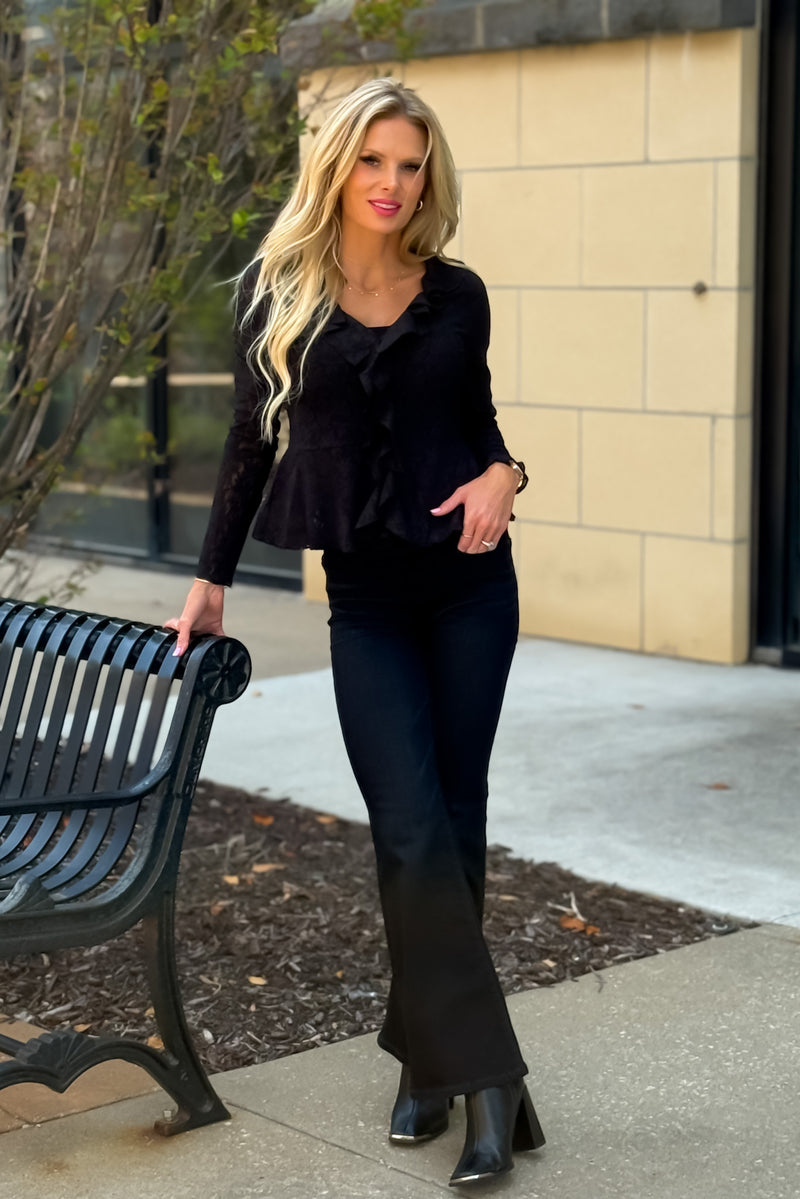 Phyllis Knit Lace Blouse with Ruffle Trim : Black