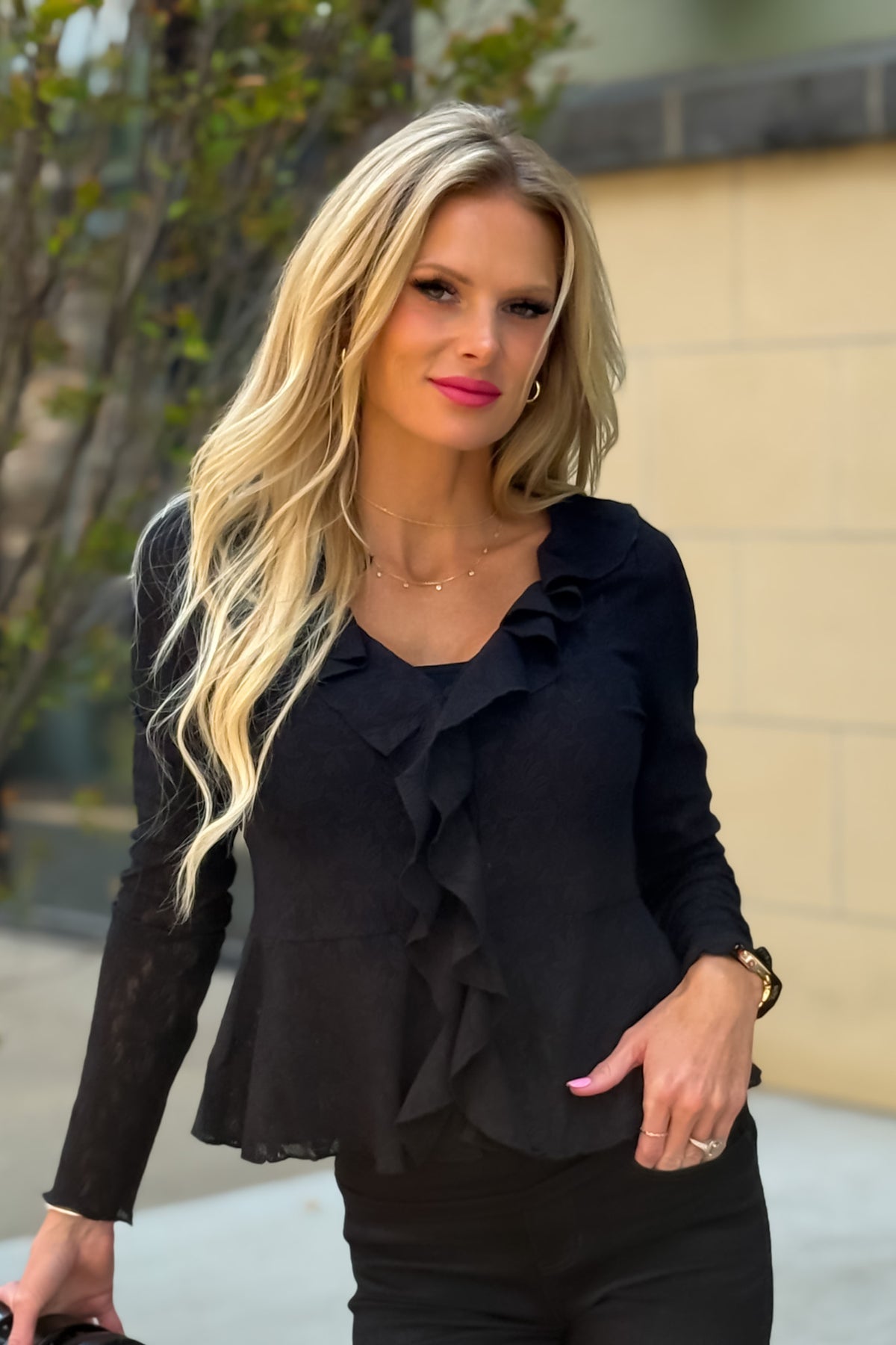 Phyllis Knit Lace Blouse with Ruffle Trim : Black