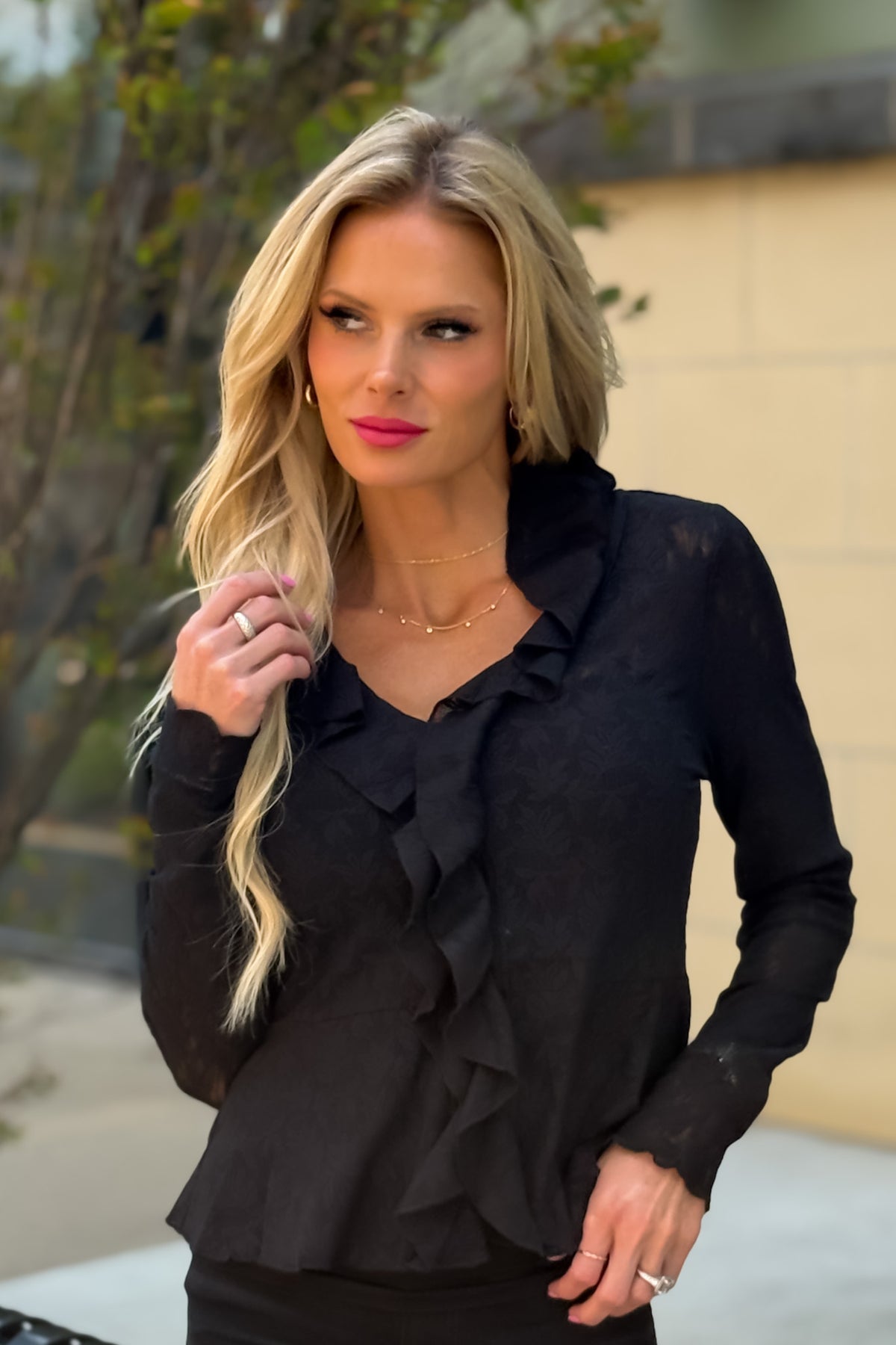 Phyllis Knit Lace Blouse with Ruffle Trim : Black