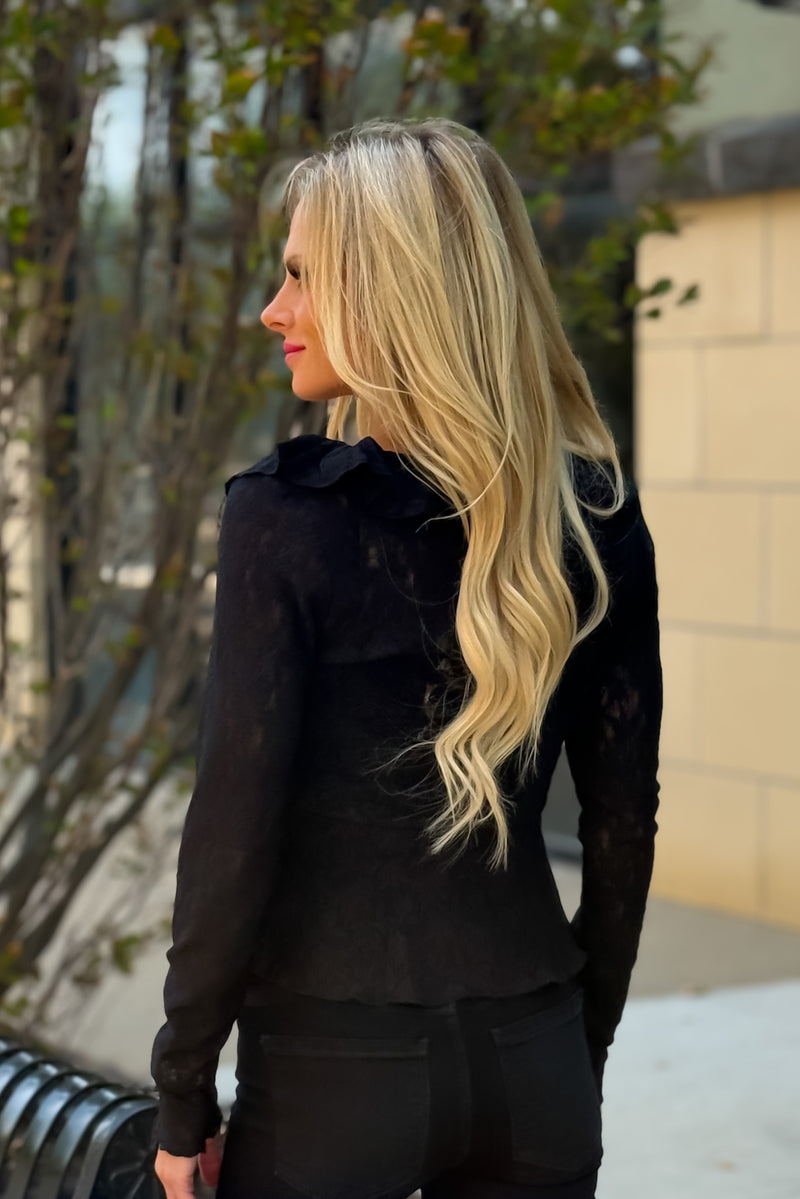 Phyllis Knit Lace Blouse with Ruffle Trim : Black