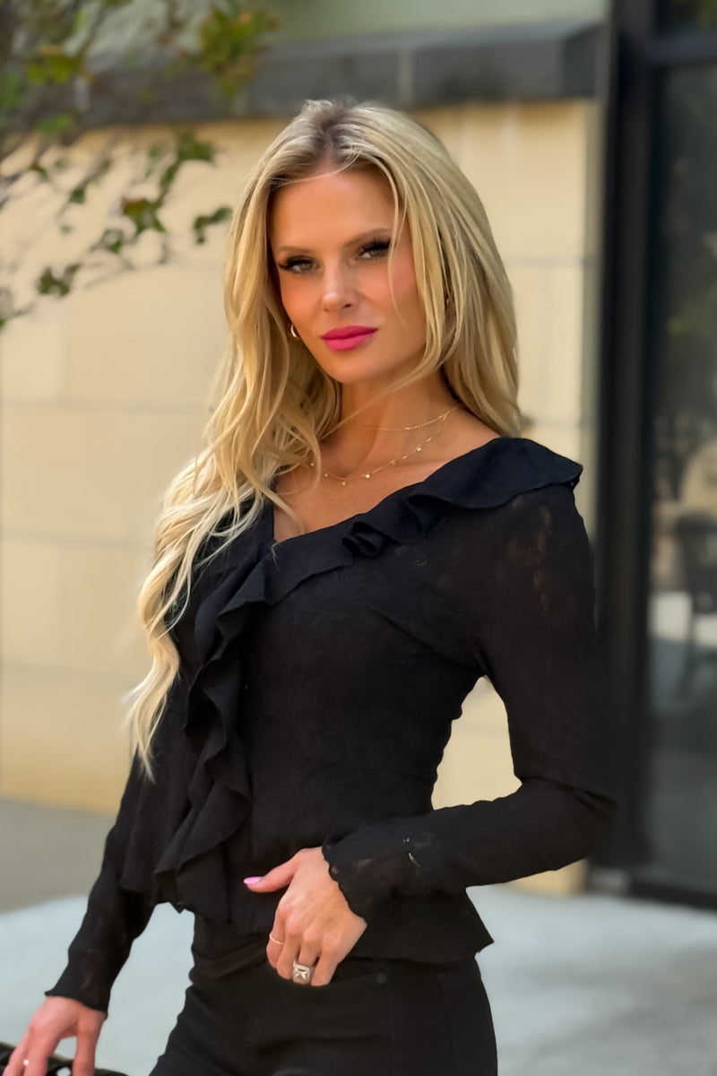 Phyllis Knit Lace Blouse with Ruffle Trim : Black