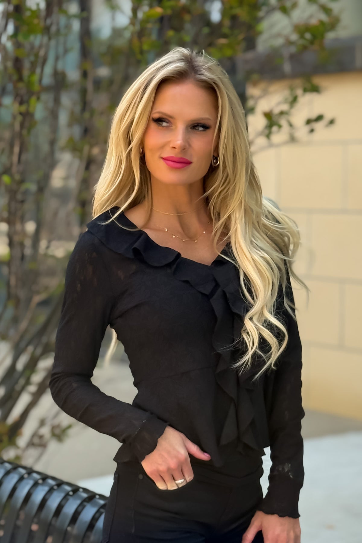 Phyllis Knit Lace Blouse with Ruffle Trim : Black