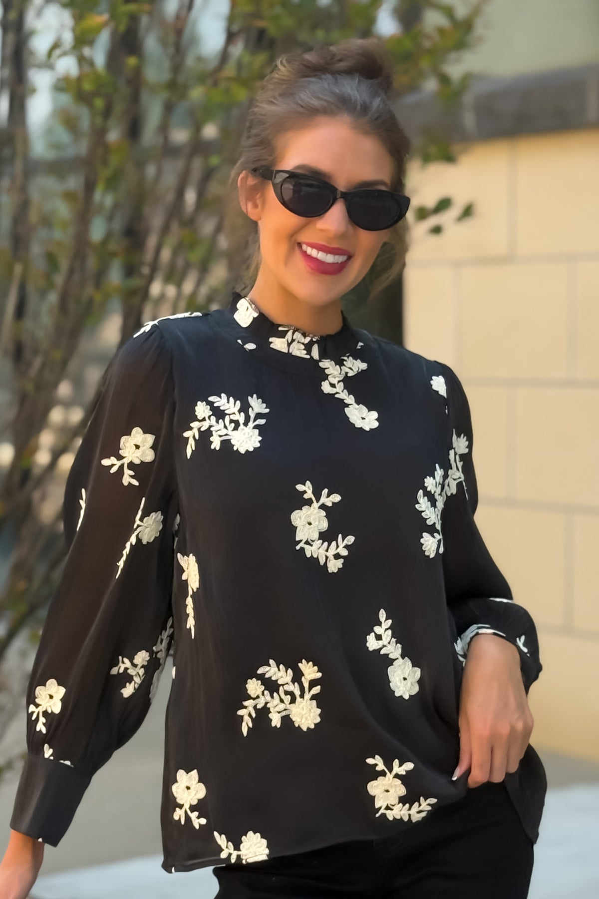 Vera Embroidered Sheer Blouse w/ Lining : Black