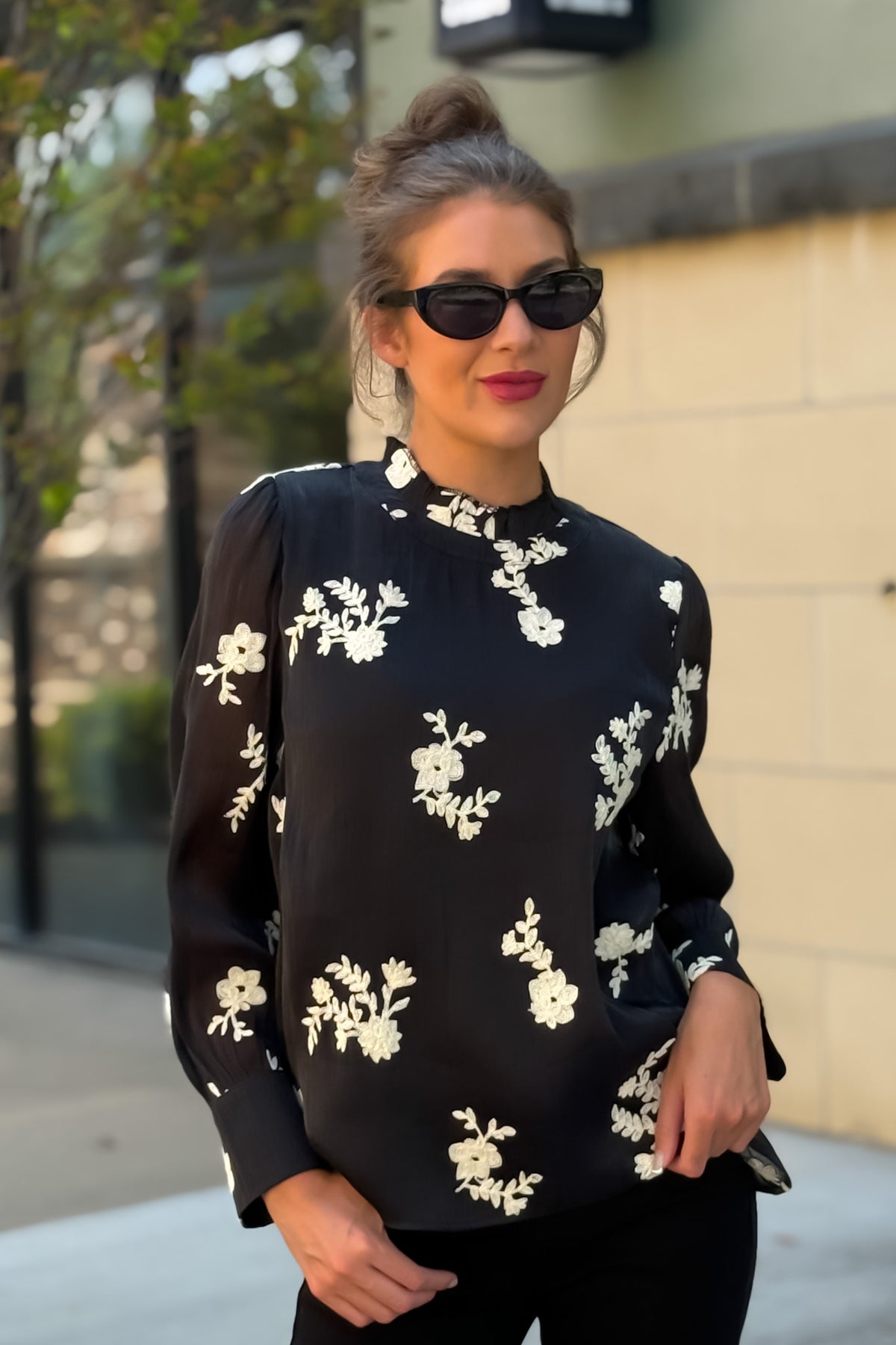 Vera Embroidered Sheer Blouse w/ Lining : Black
