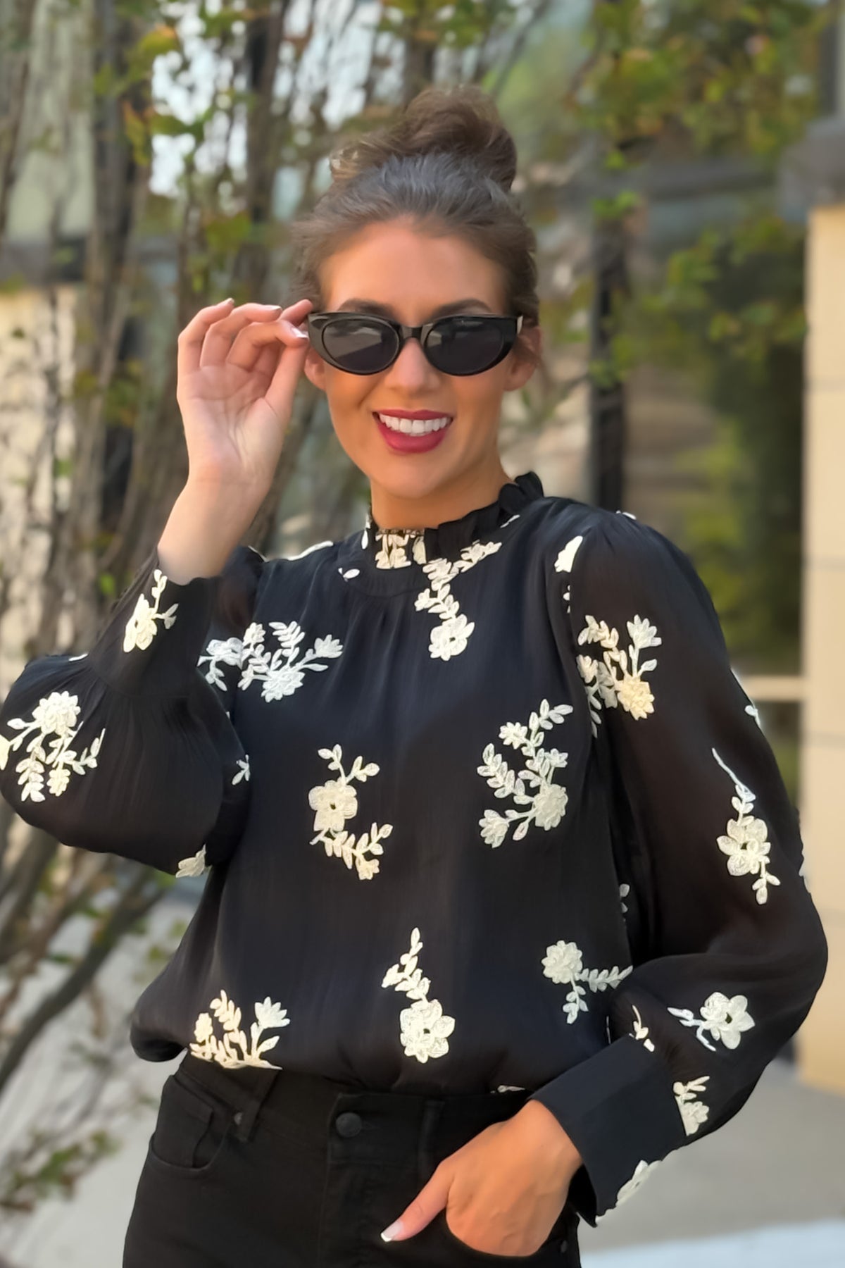 Vera Embroidered Sheer Blouse w/ Lining : Black
