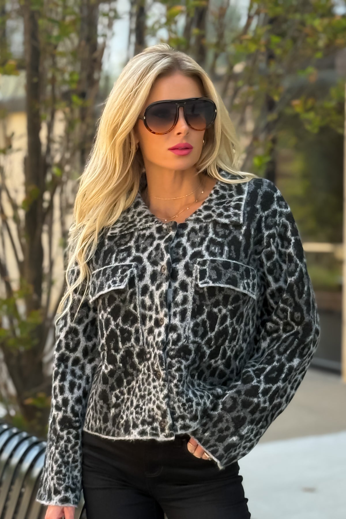 Seema Animal Print Raw Hem Jacket : Black