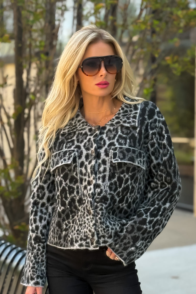 Seema Animal Print Raw Hem Jacket : Black