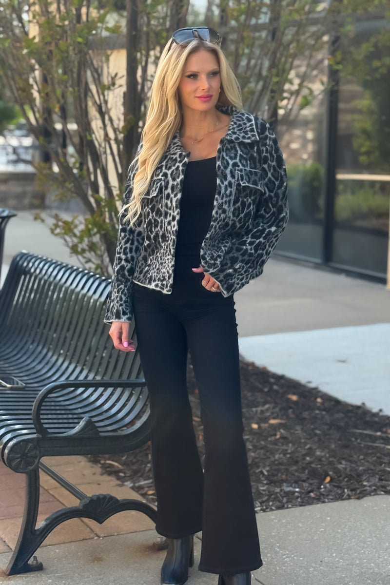 Seema Animal Print Raw Hem Jacket : Black