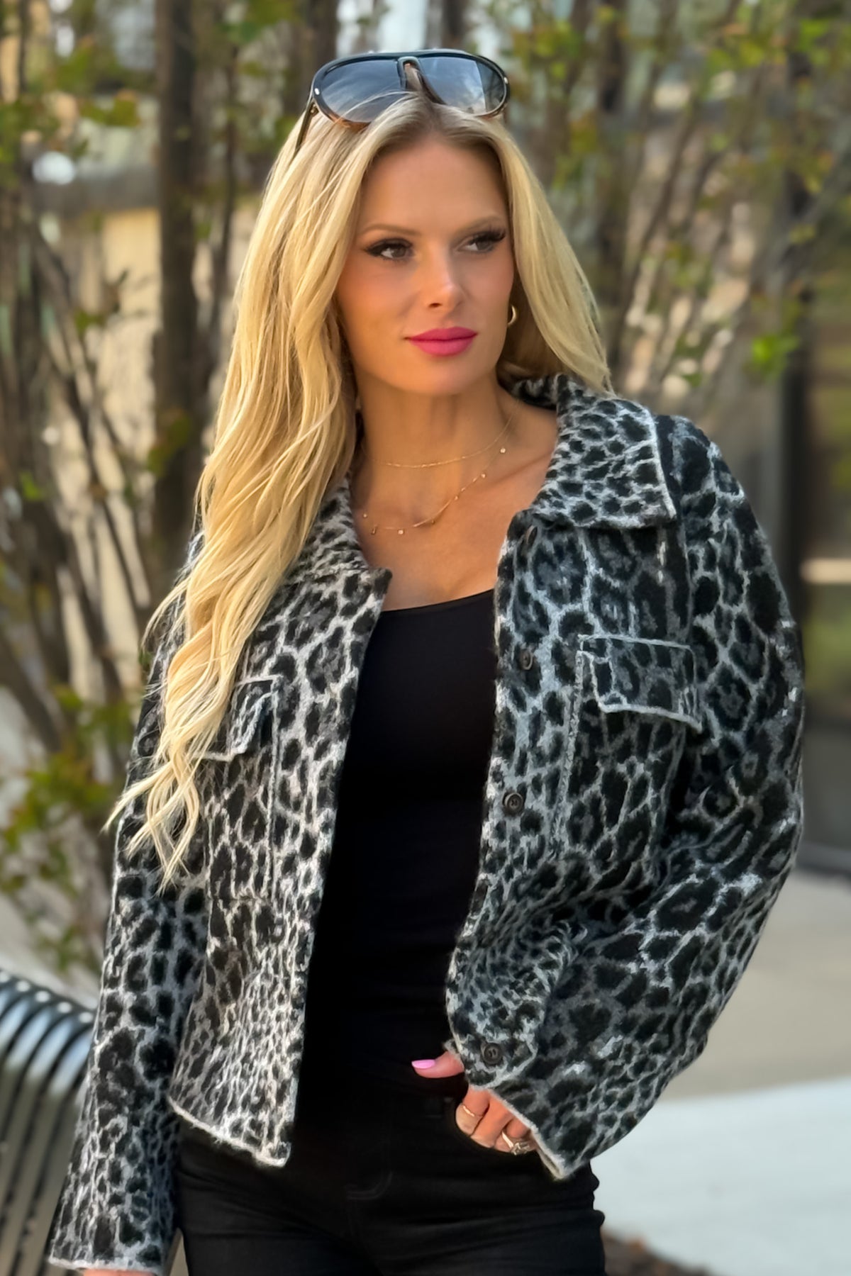 Seema Animal Print Raw Hem Jacket : Black