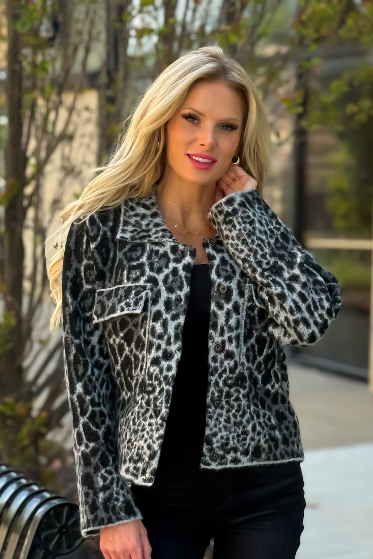 Seema Animal Print Raw Hem Jacket : Black