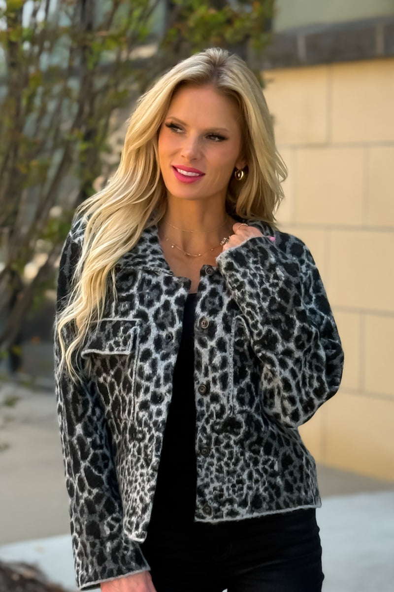 Seema Animal Print Raw Hem Jacket : Black