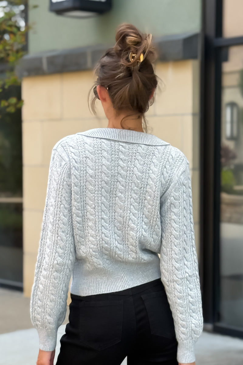 Wynry Cable Knit Johnny Collar Sweater : Heather Gray